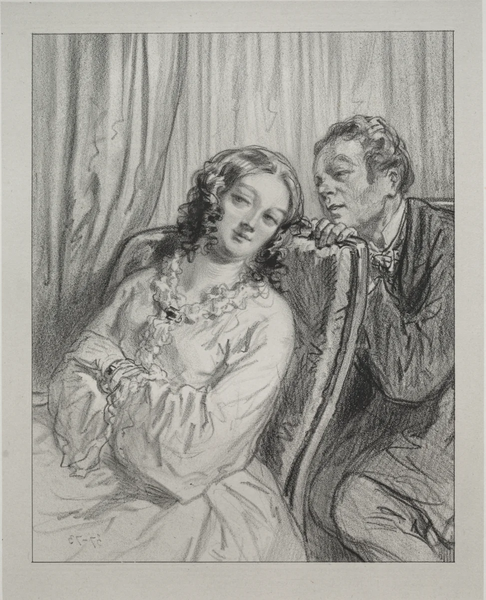 Masques et visages: Par-ci, par-la: M'ame Beauminet, ta majeste... by Paul Gavarni, print, 1857-1858