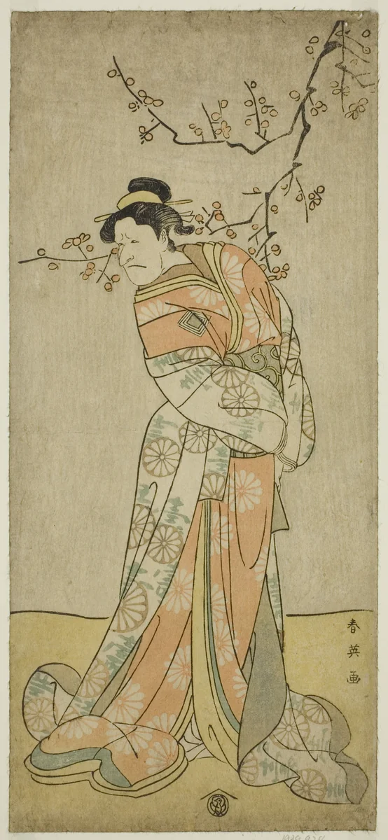 The Actor Ichikawa Ebizo (Danjuro V) as the Lady-in-Waiting Iwafuji in the Play Gozen-gakari Sumo Soga, Performed at the Kawarazaki Theater in the First Month, 1793 (?) by Katsukawa Shun'ei (勝川春英), print, 1788-1798