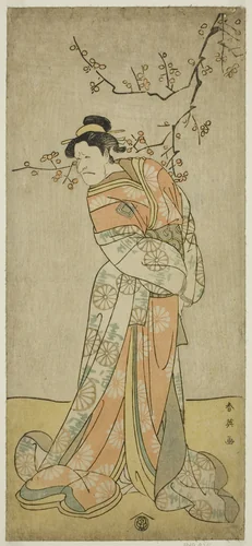 The Actor Ichikawa Ebizo (Danjuro V) as the Lady-in-Waiting Iwafuji in the Play Gozen-gakari Sumo Soga, Performed at the Kawarazaki Theater in the First Month, 1793 (?) by Katsukawa Shun'ei (勝川春英), print, 1788-1798