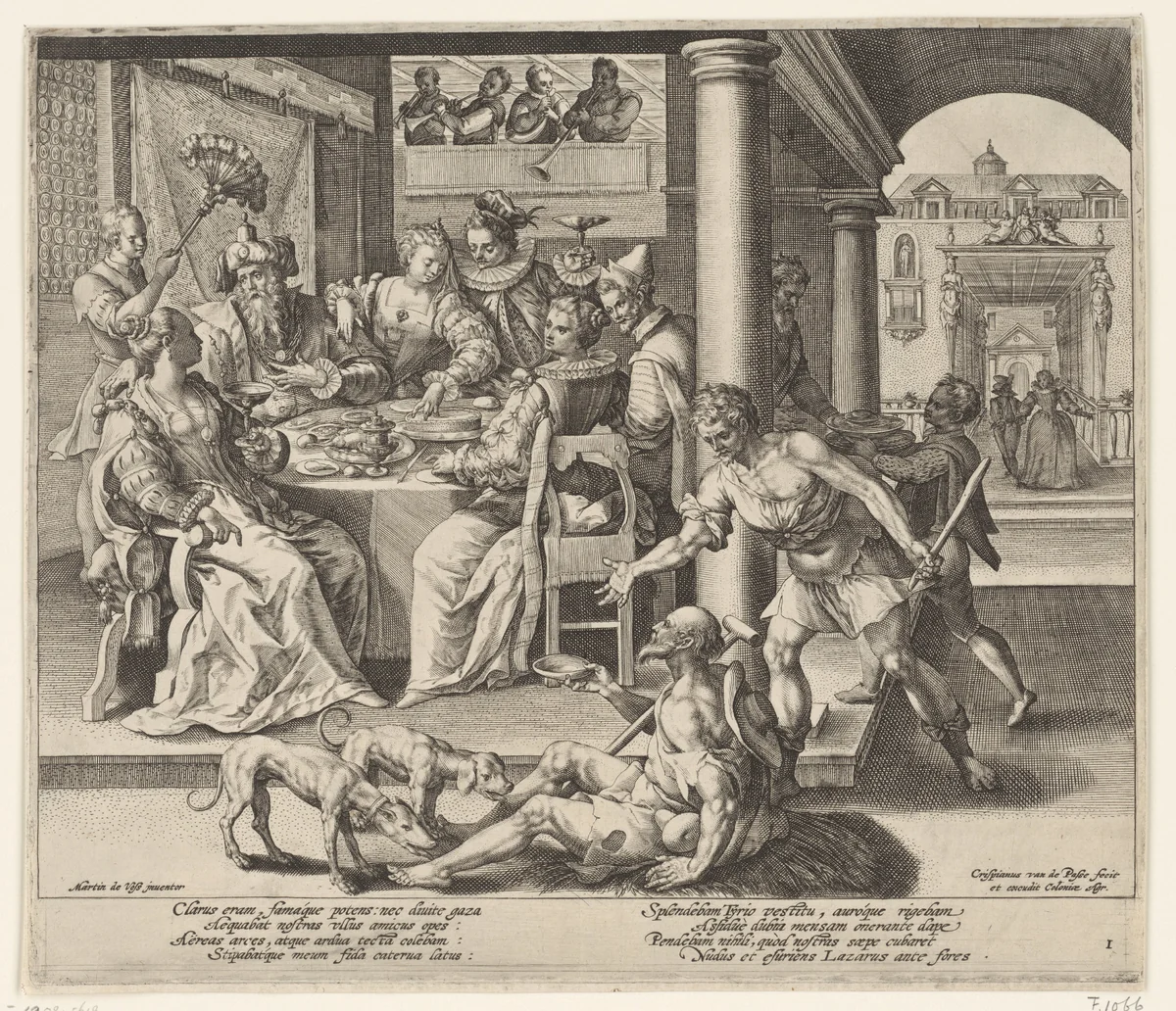 Lazarus bedelt in het huis van de rijke man by Unknown, print, 1589-1611