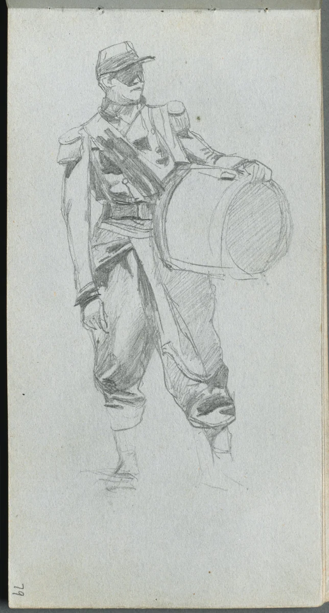 Sketchbook, page 79: Soldier with Drum by Ernest Meissonier, book, 1860-1869