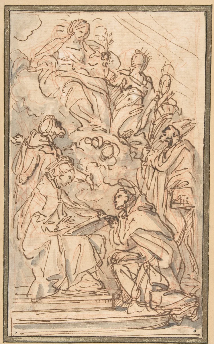 The Virgin with Female Attendant Appearing to Four Male Saints by Carlo Maratti, drawing, 1680-1695