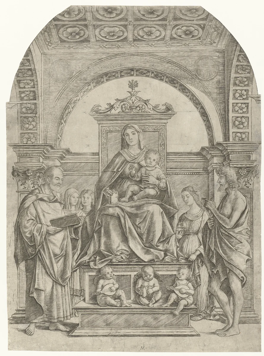 Maria met kind zittend op een troon tussen Petrus en Johannes de Doper met musicerende engelen en drie vrouwelijke heiligen op de achtergrond by Unknown, print, 1480-1531