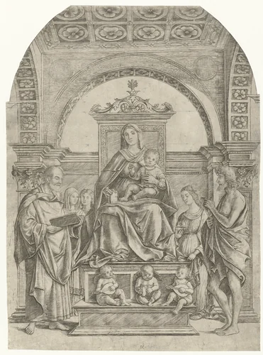 Maria met kind zittend op een troon tussen Petrus en Johannes de Doper met musicerende engelen en drie vrouwelijke heiligen op de achtergrond by Unknown, print, 1480-1531