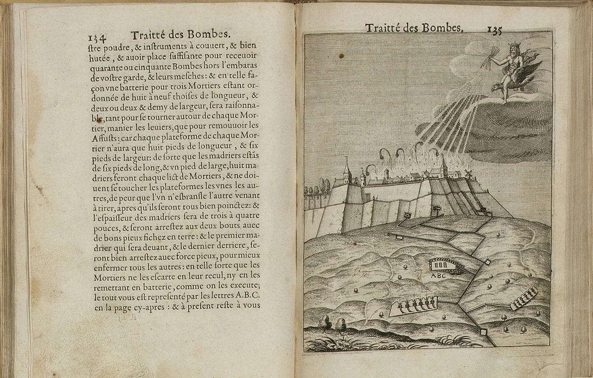 Pratiqve de la Guerre. Contenant l'usage de l'Artillerie, Bombes & Mortiers, Feux Artificiels & Petards, Sappes & Mines, Ponts & Pontons, Tranchees & Travaux, auec l'ordre des Assauts aux Breches. Ensemble vn traite des Feux de Ioye/par le sievr de Malthvs… by Francis Malthus, artwork, 1650