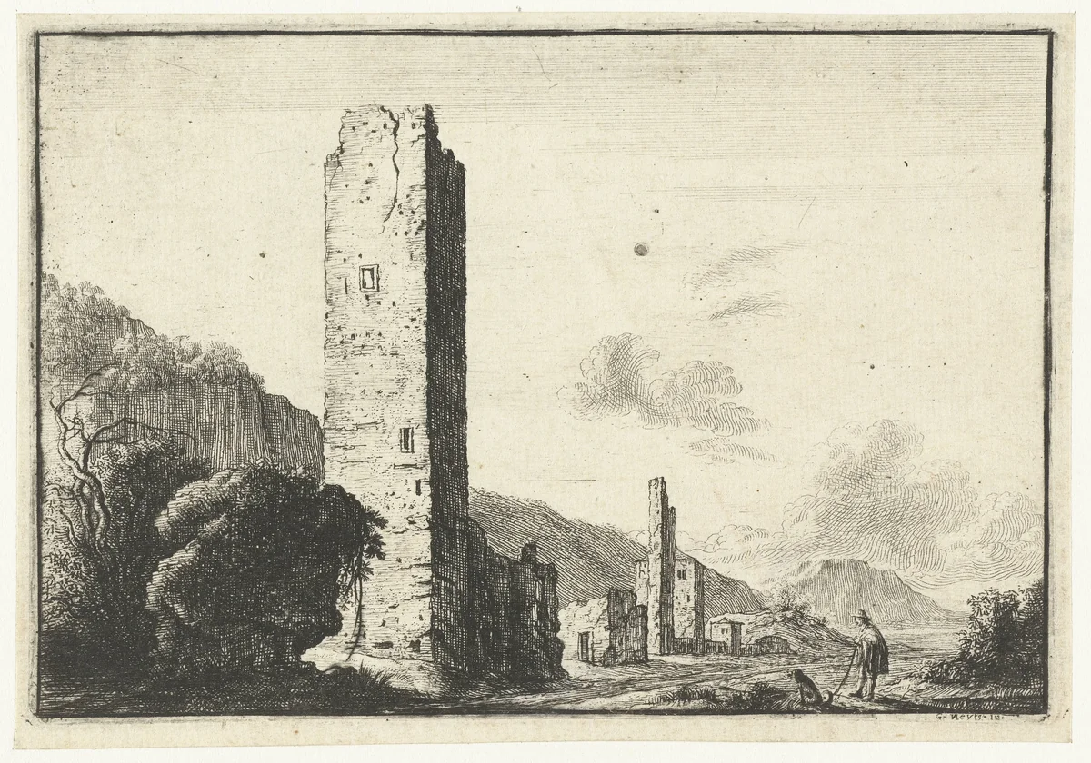 Landschap met vierkante toren by anonymous, print, 1643-1681