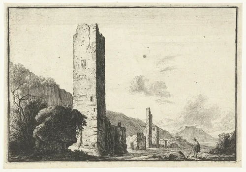 Landschap met vierkante toren by anonymous, print, 1643-1681