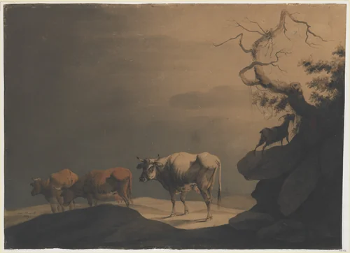 Cows and a Goat in a Landscape by Jean Pillement, drawing, 1774