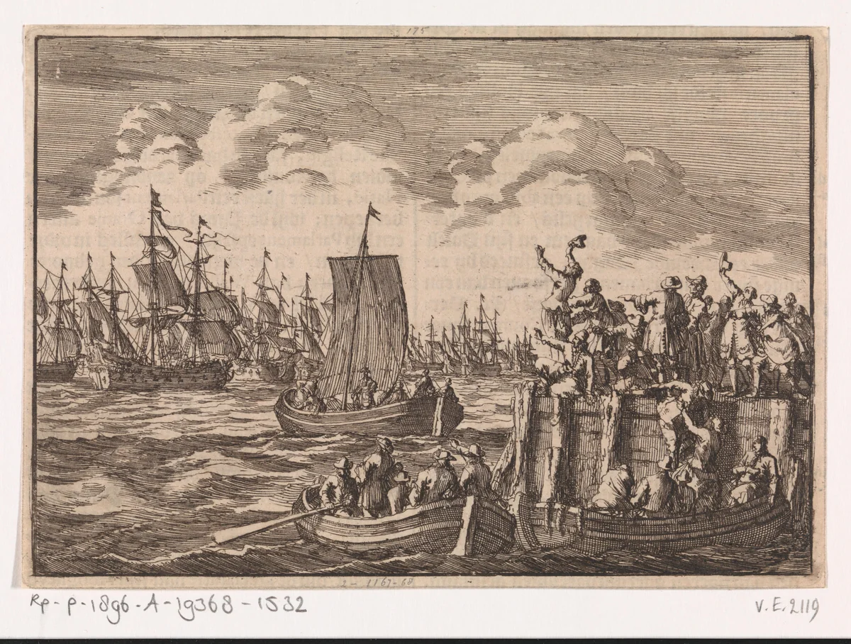 Willem III vertrekt met de vloot naar Engeland, 1688 by Jan Luyken, print, 1698