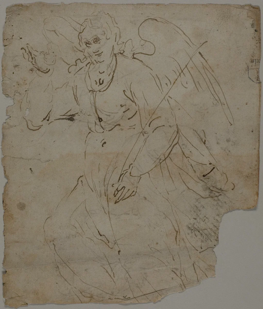 Annunciate Angel (recto); Sketches of Seated Figure, and Upper Portion and Right Hand of Annunciate Angel (verso) by Genoese, drawing, 1500-1602