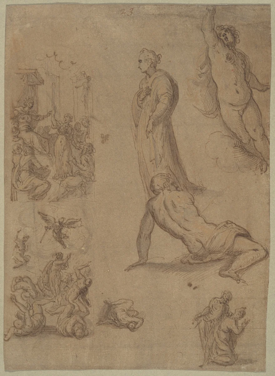 A Sheet of Studies for the Martyrdom of Saint Catherine of Alexandria by Jacopo Palma il Giovane, drawing, 1675-1700