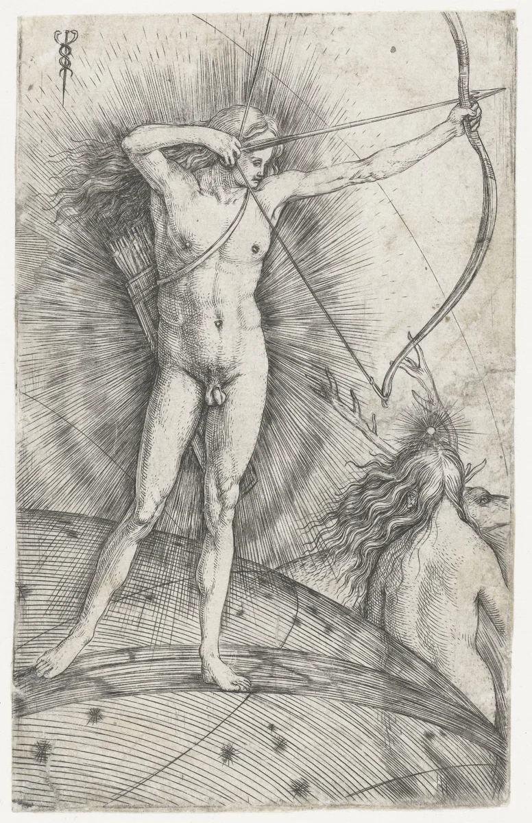 Apollo met pijl en boog op hemelglobe en Diana met hert by Unknown, print, 1503-1505