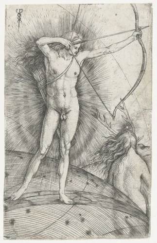 Apollo met pijl en boog op hemelglobe en Diana met hert by Unknown, print, 1503-1505
