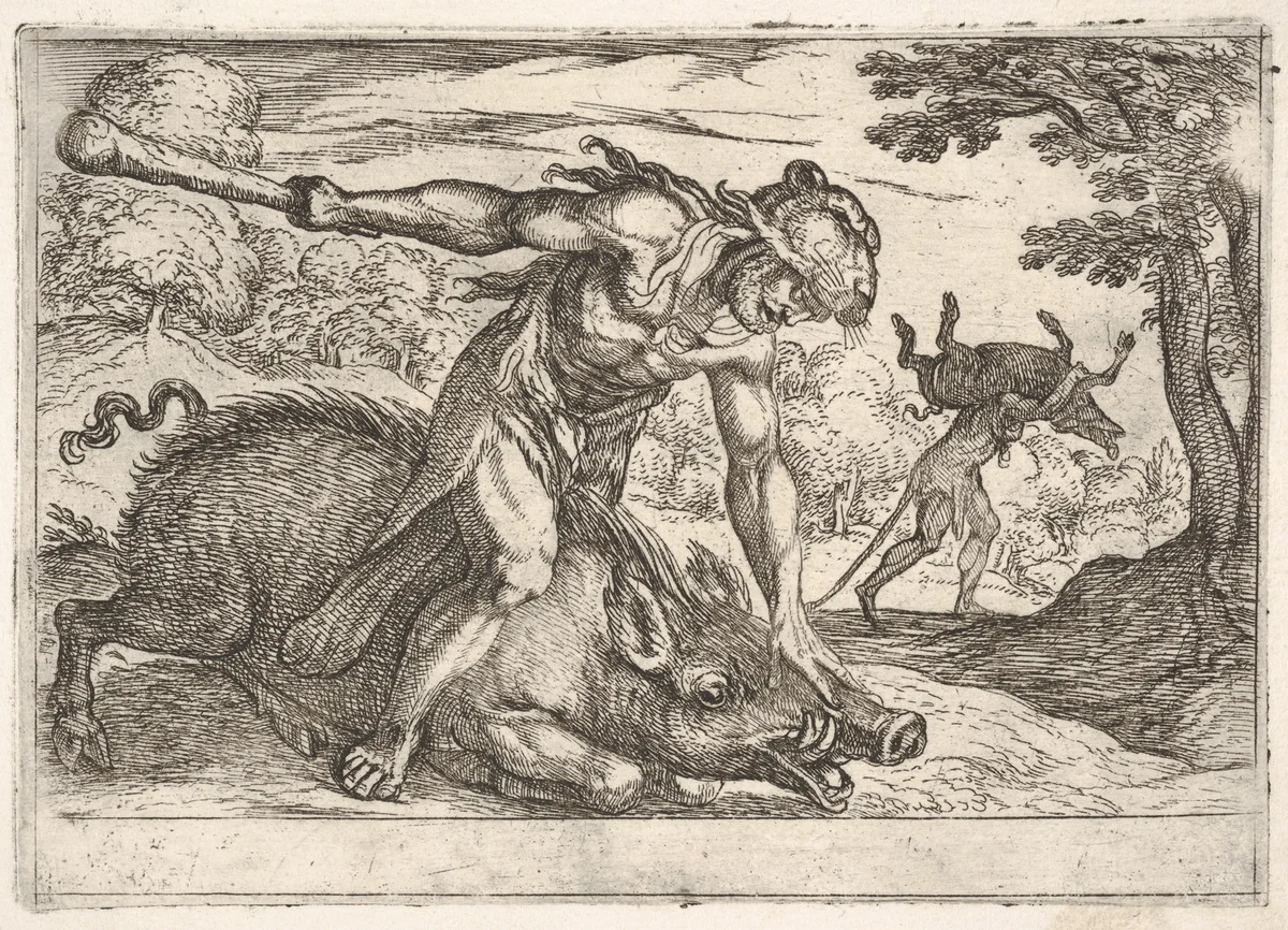 Hercules and the Boar of Erymanthus, from "The Labors of Hercules" by Antonio Tempesta, print, 1608