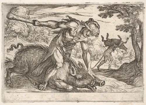 Hercules and the Boar of Erymanthus, from "The Labors of Hercules" by Antonio Tempesta, print, 1608