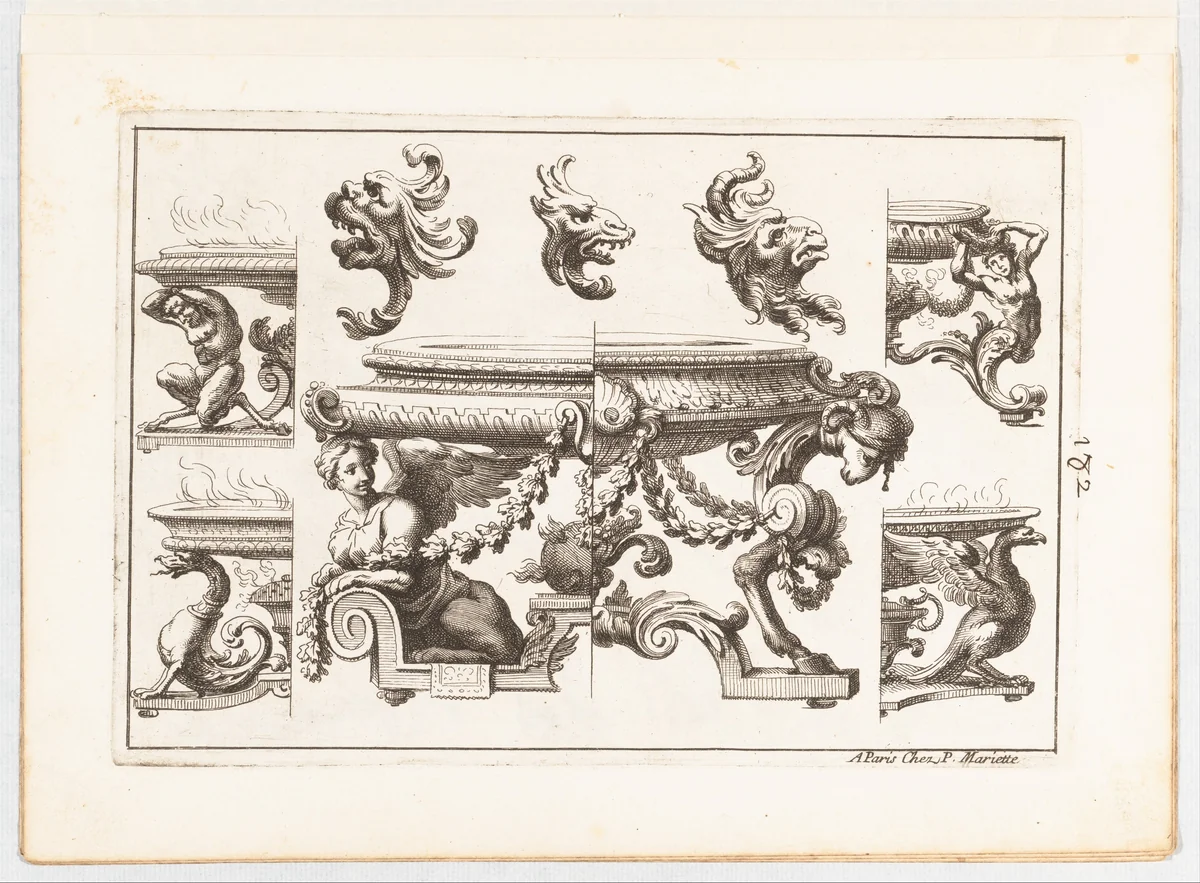 Plate 2, from "Desseins de Brasiers dont les Ornements peuuent Seruir aux Cuuettes, Tables, et autres Ouurages d'Orfeurerie" by Alexis Loir, print, 1660-1713