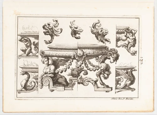 Plate 2, from "Desseins de Brasiers dont les Ornements peuuent Seruir aux Cuuettes, Tables, et autres Ouurages d'Orfeurerie" by Alexis Loir, print, 1660-1713