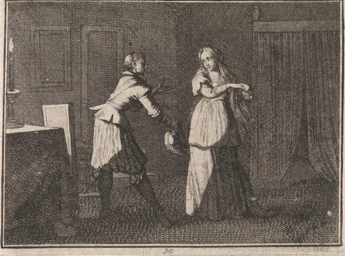 Gesprek tussen een vrouw en een man bij kaarslicht by Caspar Luyken, print, 1710