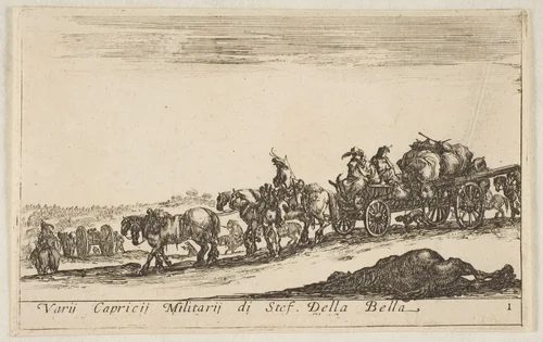 Plate 1: a horse drawn cart carrying people and goods, dead horse in the foreground, from "Various Military Caprices" (Varii capricci militari) by Stefano della Bella, print, 1636-1646