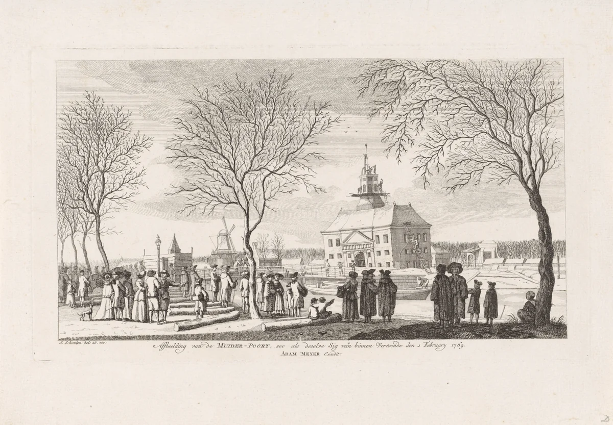 Sloop van de verzakte Muiderpoort, gezien vanaf de Singelgracht, 1769 by Jan Schouten, print, 1769