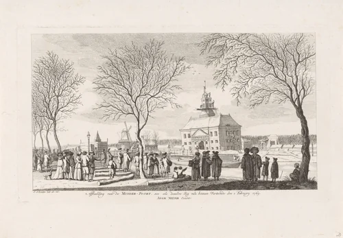 Sloop van de verzakte Muiderpoort, gezien vanaf de Singelgracht, 1769 by Jan Schouten, print, 1769