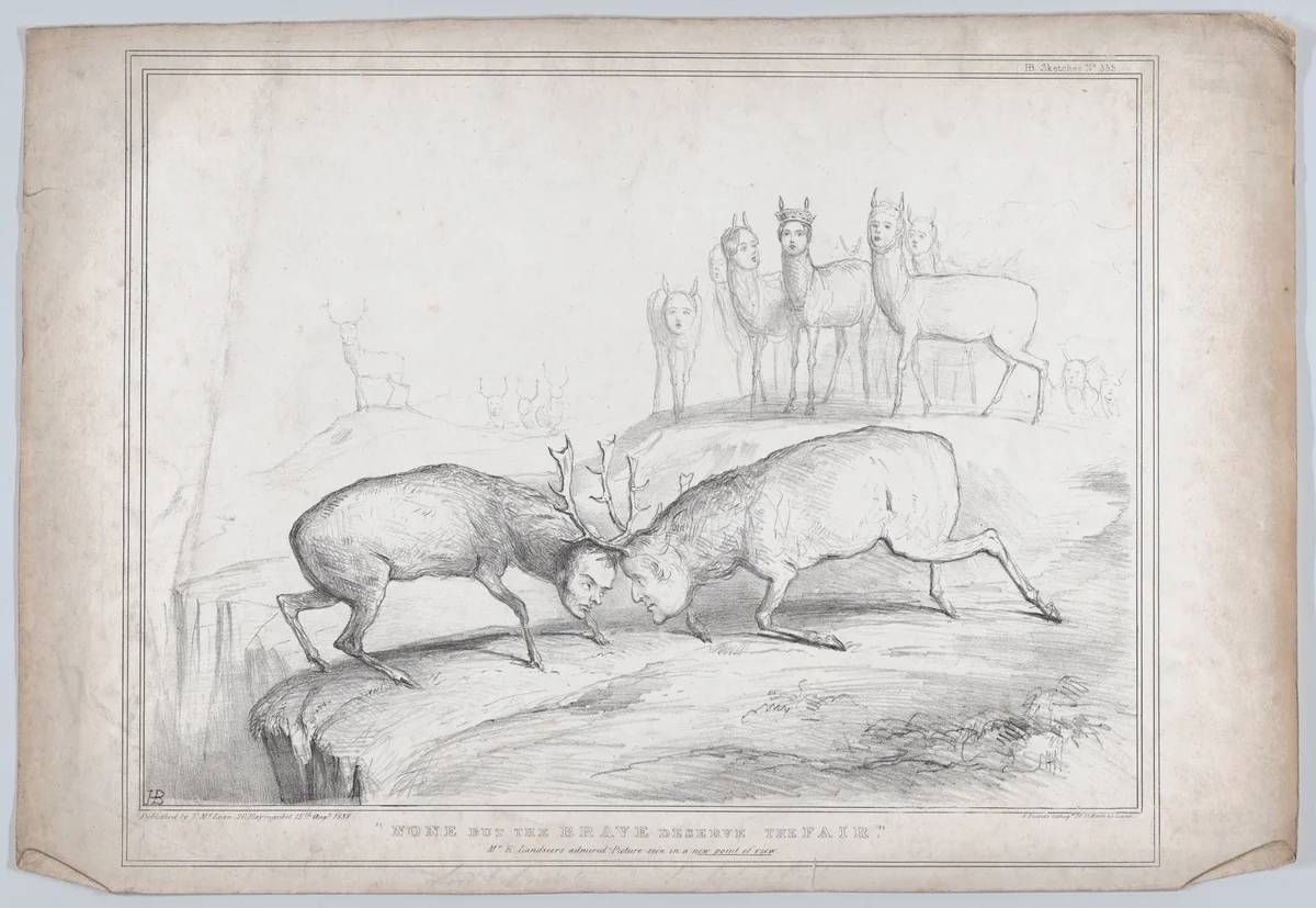 "None But the Brave Deserve the Fair" – Mr. E. Landseer's admired Picture seen in a new point of view by John Doyle, print, 1838