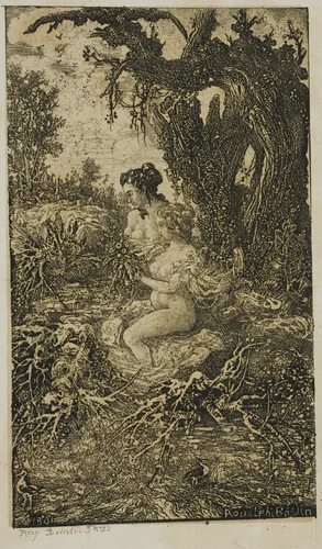 Two Women Bathing at Water's Edge, from Revue Fantaisiste by Rodolphe Bresdin, print, 1861