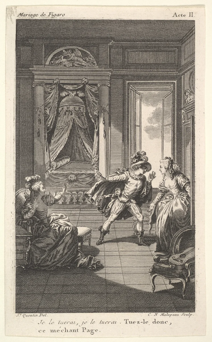 A man leans toward a woman standing in a doorway at right, at left a seated woman raises both hands, a canopied bed beyond, from a series of five illustrations after Jacques Philippe Joseph de Saint-Quentin for 'The mad day, or the marriage of Figaro' (La Folle journée, ou le mariage de Figaro) by Pierre Augustin Caron de Beaumarchais by Jacques Philippe Joseph de Saint Quentin, print, 1784