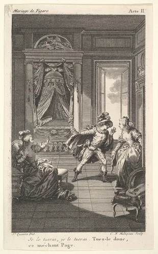A man leans toward a woman standing in a doorway at right, at left a seated woman raises both hands, a canopied bed beyond, from a series of five illustrations after Jacques Philippe Joseph de Saint-Quentin for 'The mad day, or the marriage of Figaro' (La Folle journée, ou le mariage de Figaro) by Pierre Augustin Caron de Beaumarchais by Jacques Philippe Joseph de Saint Quentin, print, 1784