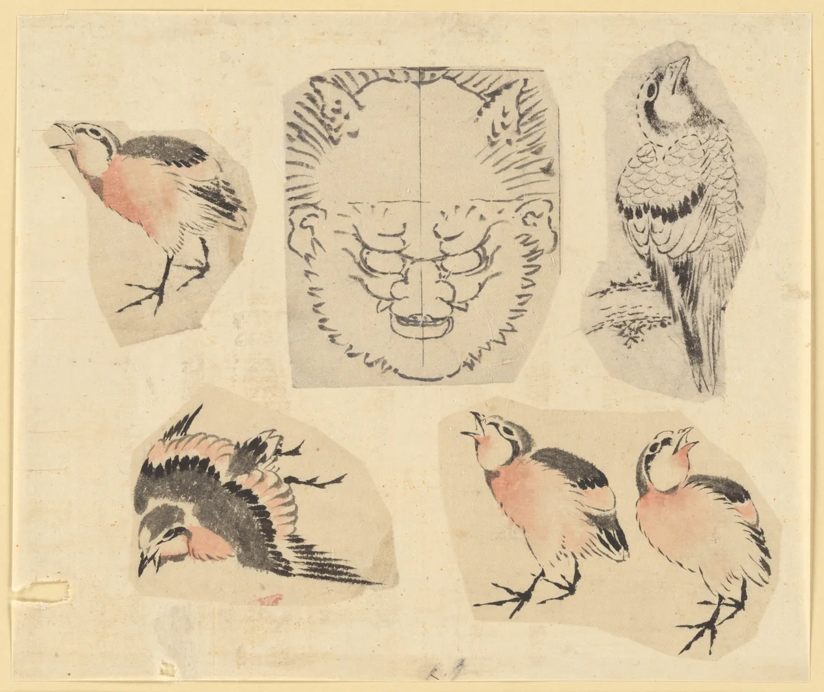 Four sketches of birds and one design for a grotesque mask, mounted together by Katsushika Hokusai (葛飾 北斎), painting, 1700-1899
