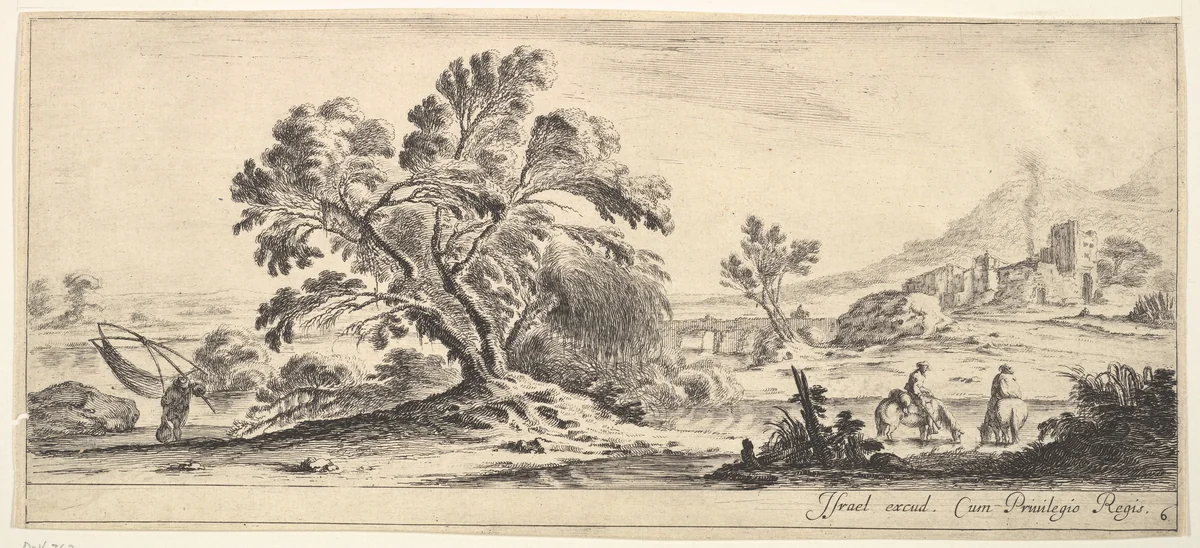 Plate 6: a fisherman carrying a net to left, two horsemen in a stream to right, a tree in center, castle ruins to right in the background, from "Various Landscapes" (Divers Paysages) by Stefano della Bella, print, 1636-1646