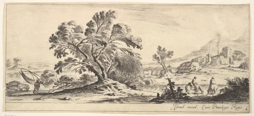Plate 6: a fisherman carrying a net to left, two horsemen in a stream to right, a tree in center, castle ruins to right in the background, from "Various Landscapes" (Divers Paysages) by Stefano della Bella, print, 1636-1646
