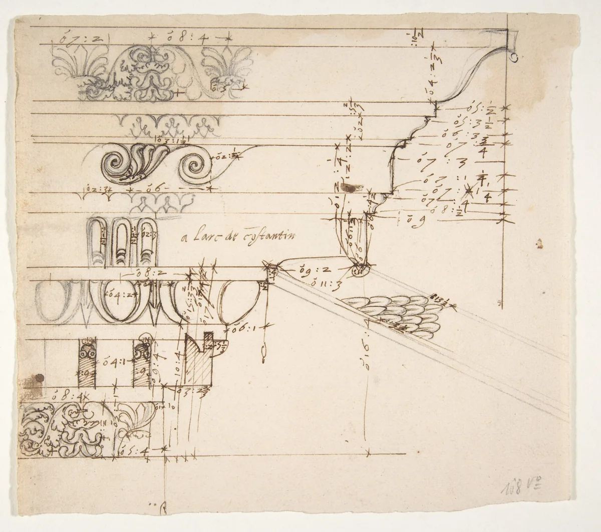 [Arch of Constantine], cornice, elevation in profile, ornamental detailing (recto) blank (verso) by anonymous, drawing, 1500-1560