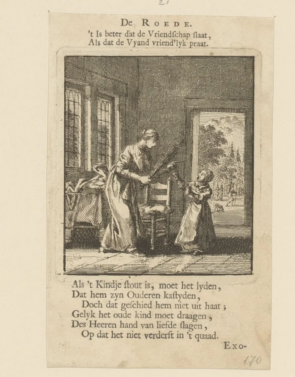Moeder loopt op een kind af met een roede by Jan Luyken, print, 1712