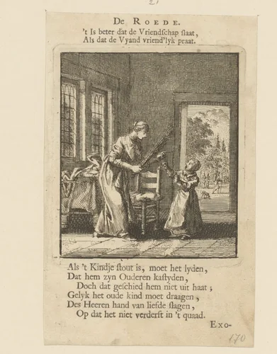 Moeder loopt op een kind af met een roede by Jan Luyken, print, 1712
