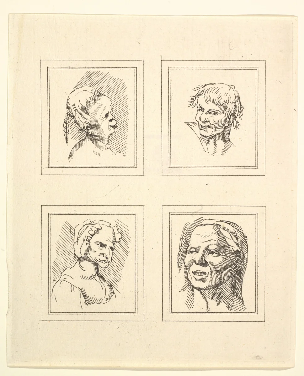 Four Heads (from Characaturas by Leonardo da Vinci, from Drawings by Wincelslaus Hollar, out of the Portland Museum) by Wenceslaus Hollar, print, 1786
