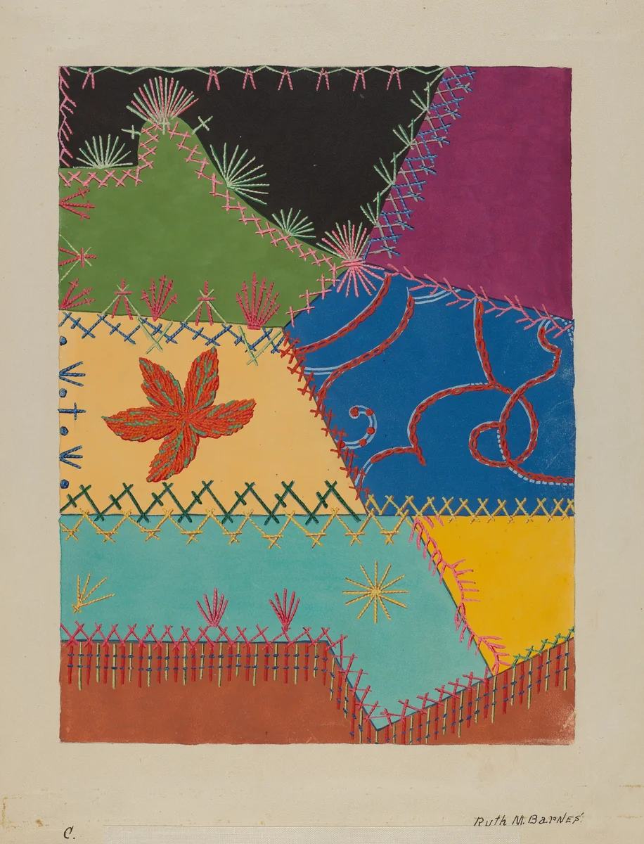 Crazy Quilt Detail by Ruth M. Barnes, index of american design, 1939