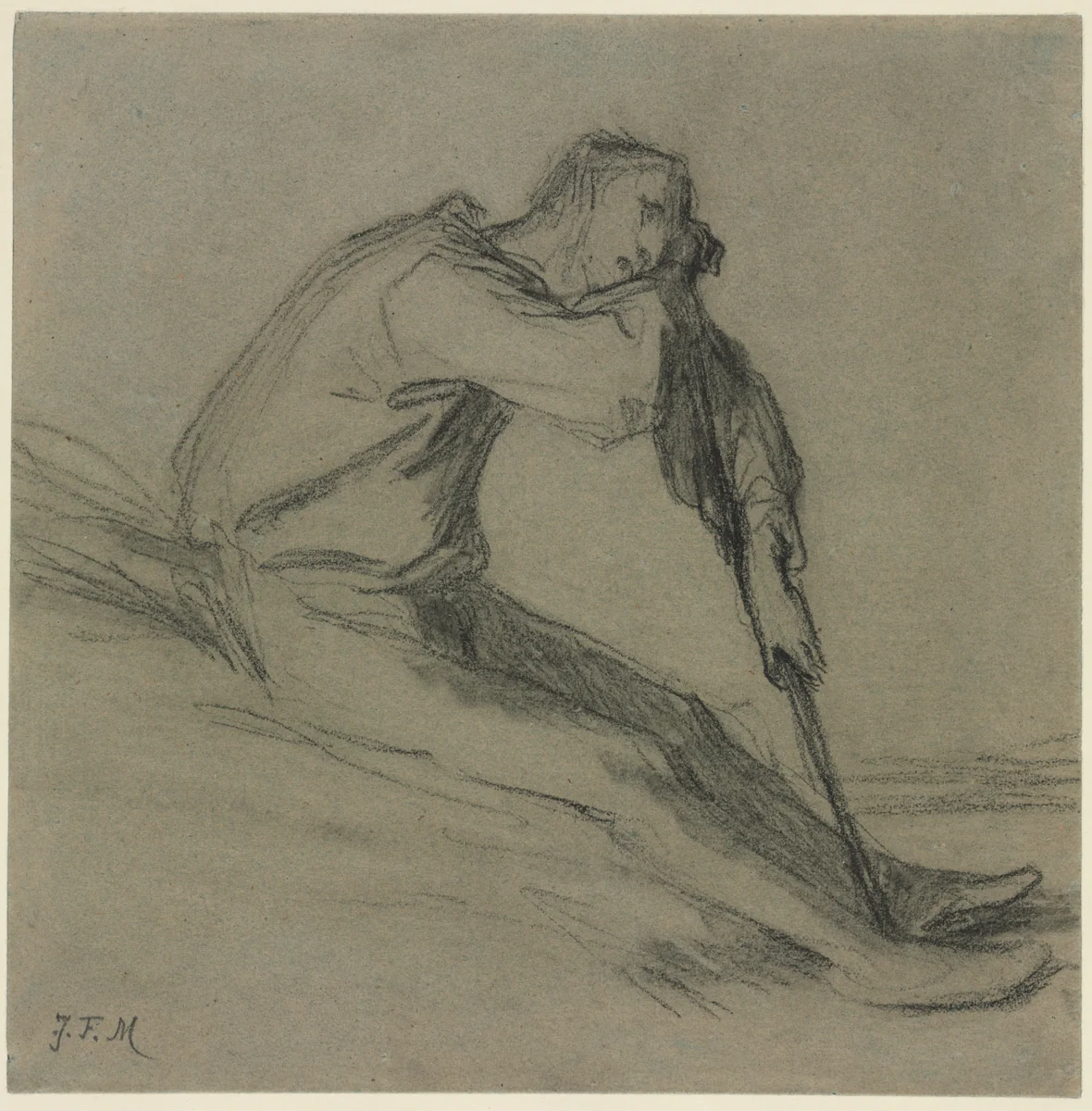 Seated Peasant Resting on a Hoe by Jean-François Millet, drawing