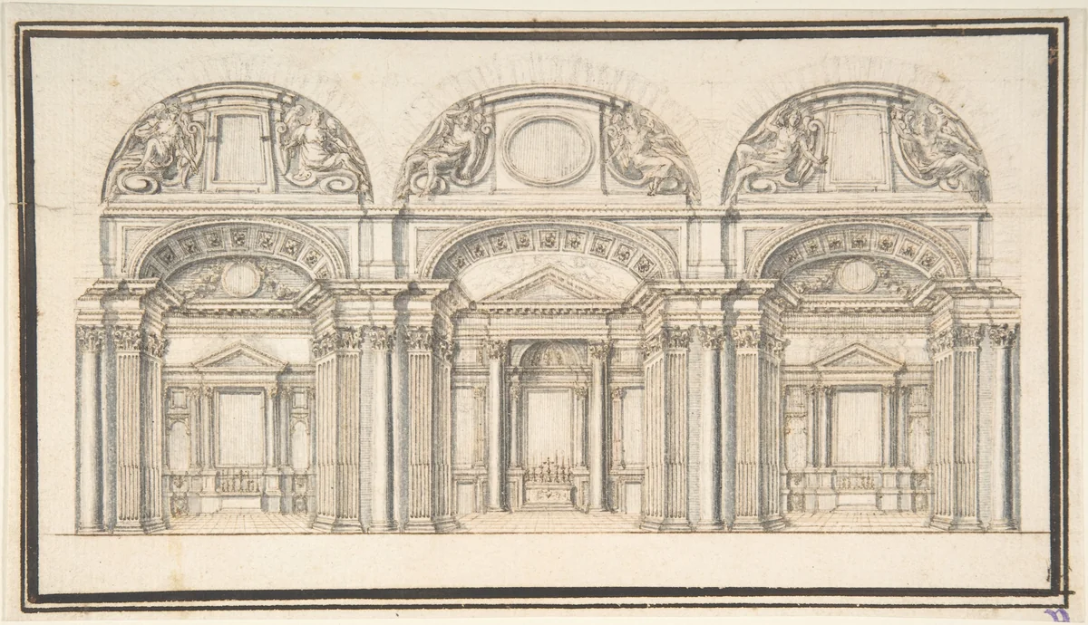 Wall Elevation with Three Chapels (recto); Floor Plan with Columns (verso) by anonymous, drawing, 1550-1599