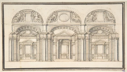 Wall Elevation with Three Chapels (recto); Floor Plan with Columns (verso) by anonymous, drawing, 1550-1599