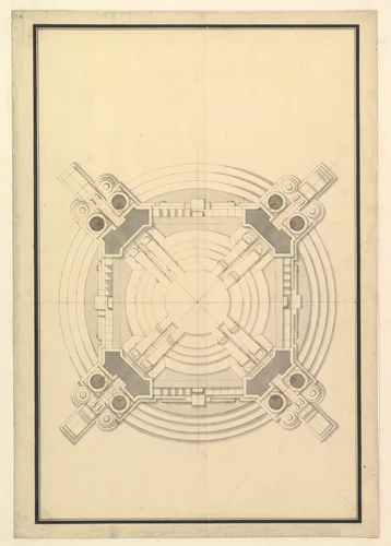 Ground Plan for a Catafalque for Frederick Augustus I, King of Poland and Elector of Saxony (1694–1733) by Giuseppe Galli Bibiena, drawing, 1728-1738