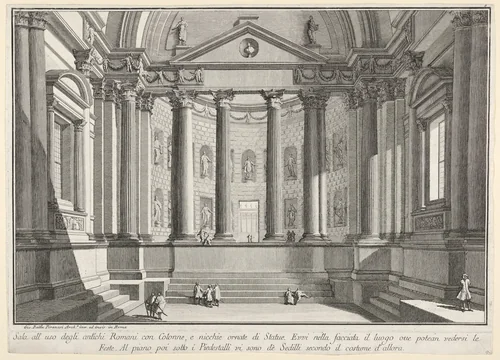 Plate 9: Colonnaded hall according to the custom of the ancient Romans (...), from "Part one of architecture and perspectives: drawn and etched by Gio. Batt'a Piranesi, Venetian Architect: dedicated to Nicola Giobbe" (Prima parte di Architetture, e prospettive inventate, ed incise da Gio. Batt'a Piranesi Architetto Veneziano dedicate al Sig. Nicola Giobbe) by Giovanni Battista Piranesi, print, 1743