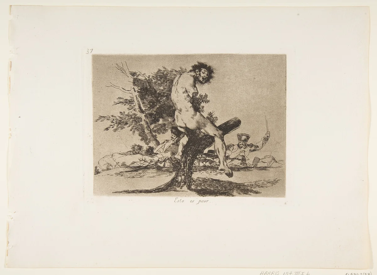 Plate 37 from "The Disasters of War" (Los Desastres de La Guerra): 'This is worse' (Esto es peor) by Goya, print, 1810