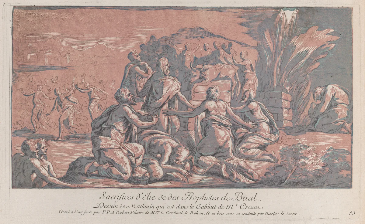 Elijah challenging the prophet to a sacrifice by Paul Ponce Antoine Robert-de-Seri, print, 1724-1734