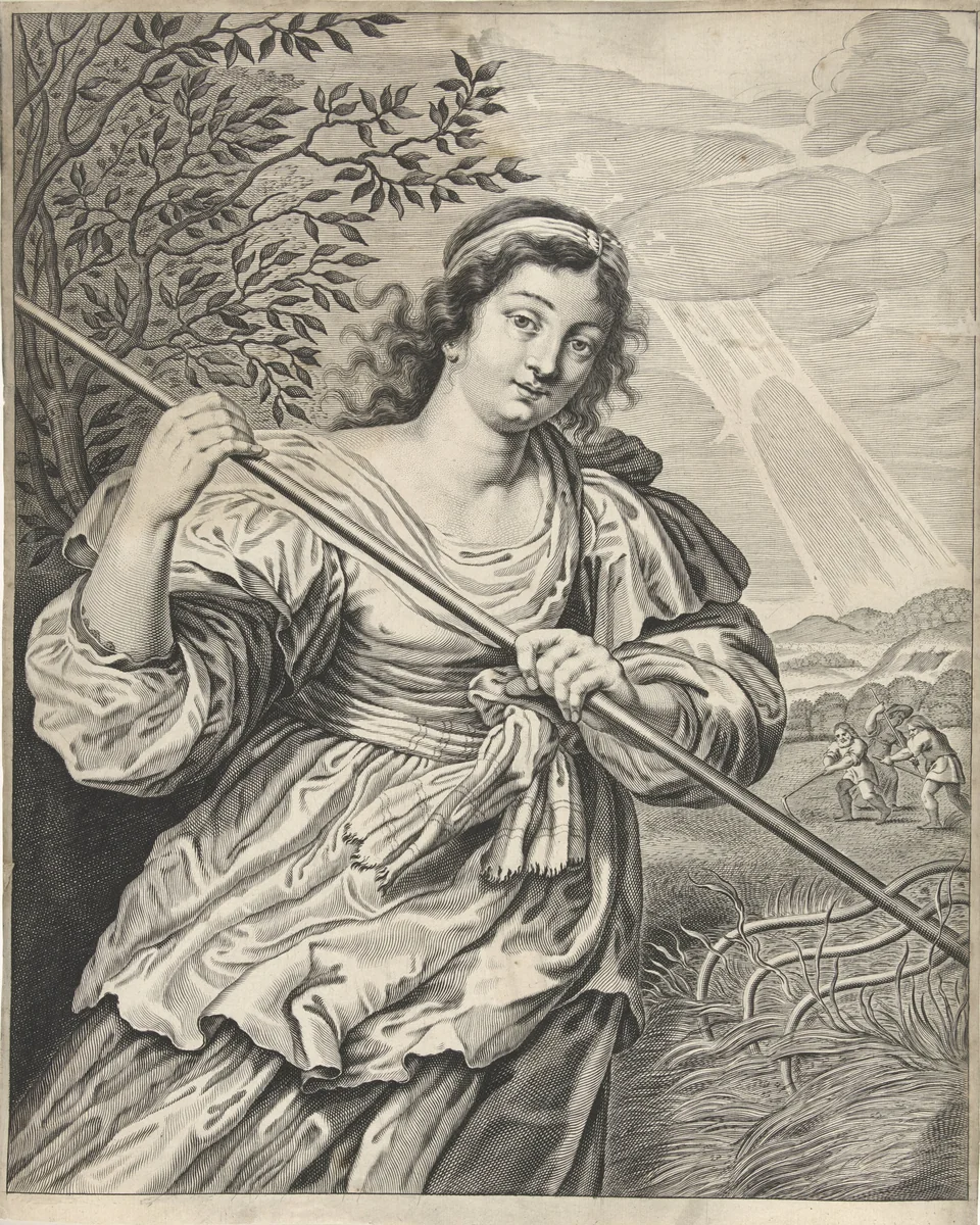 Jonge vrouw die oogst by anonymous, print, 1623-1718