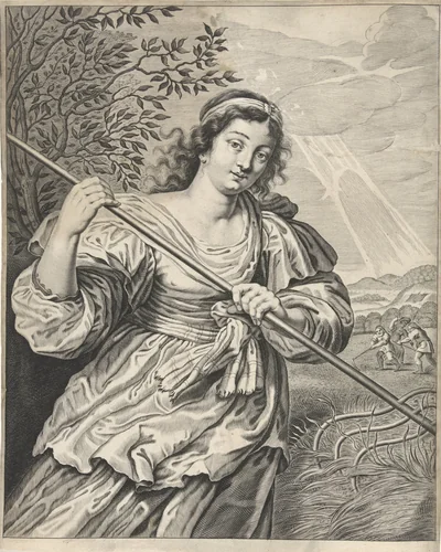 Jonge vrouw die oogst by anonymous, print, 1623-1718