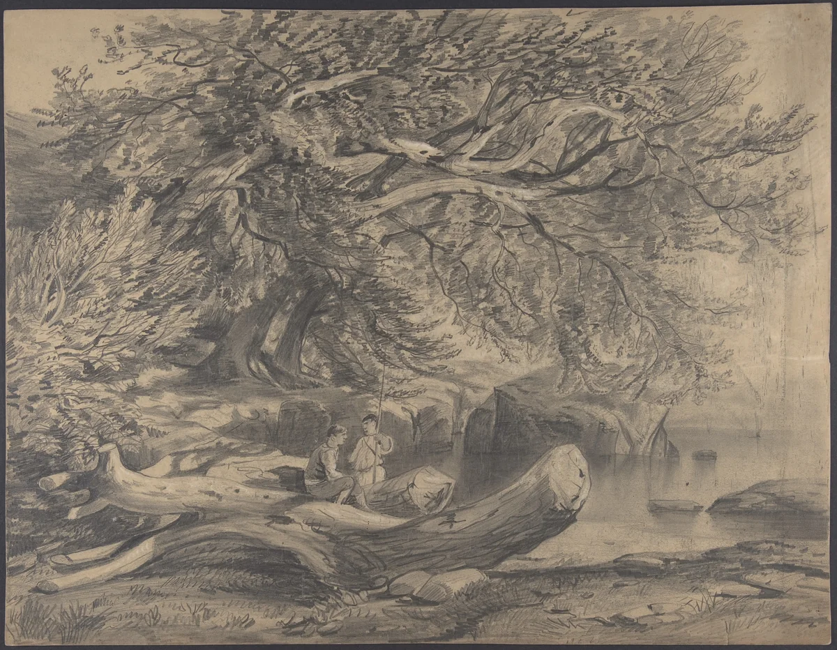 Two Men Resting by a Lake (recto); Studies for Soldiers Mounted on Horseback (verso) by Alexandre Calame, drawing, 1830-1864