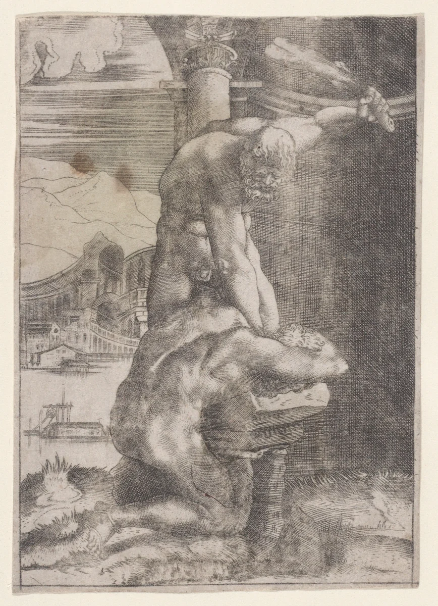 One Man Striking Another by Agostino Veneziano, print, 1514-1536