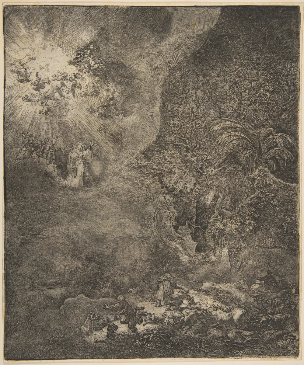 The Angel Appearing to the Shepherds by Rembrandt van Rijn, print, 1634