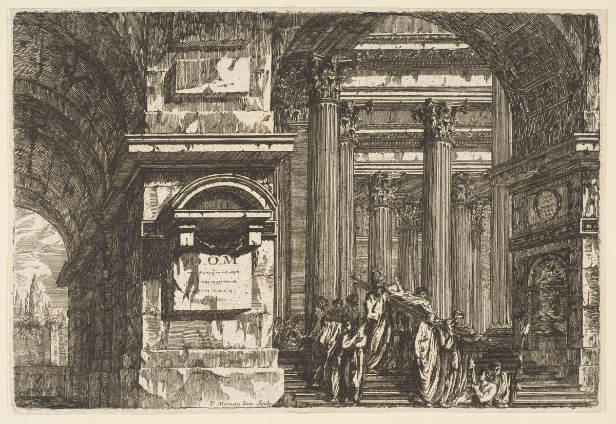 Funerary Scene in a Temple by Pierre Moreau, print, 1755-1765